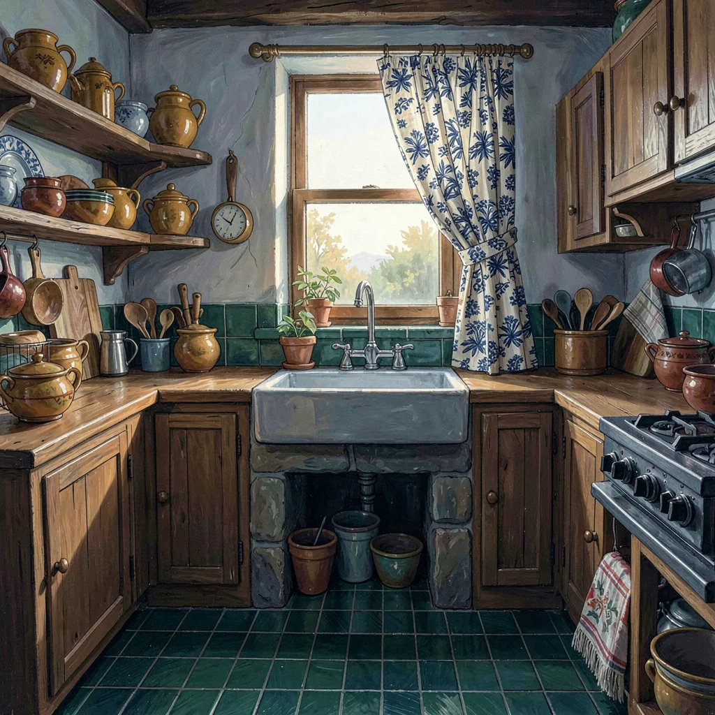 Cluttered cottage kitchen at dawn with emerald-tile floor, ochre-glazed crockery