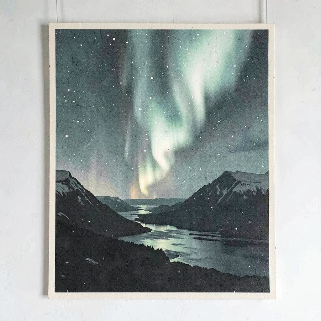 Two-color riso poster of a stylized aurora ribbon over a dark fjord, dusty teal 