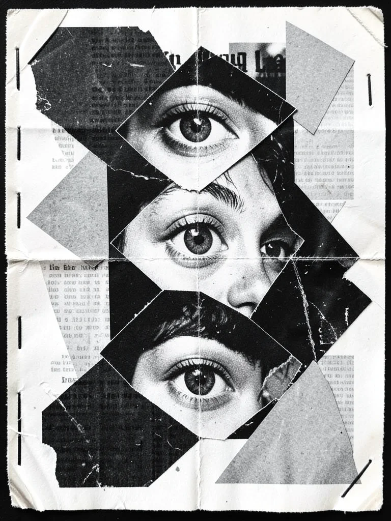 Three eyes cut from three different magazine faces, arranged vertically, surroun