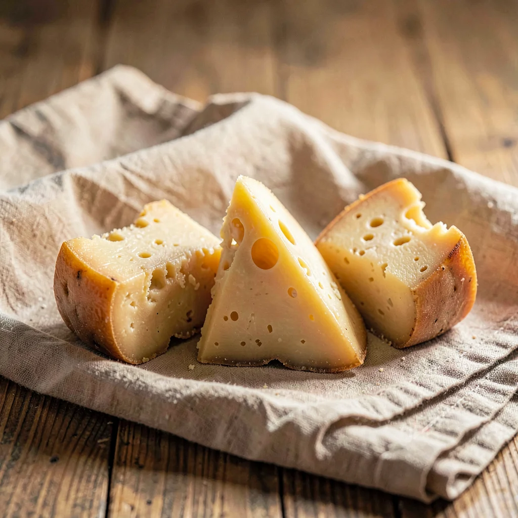 Tabletop hero of three cheese wedges arranged on folded linen, soft warm sidelig