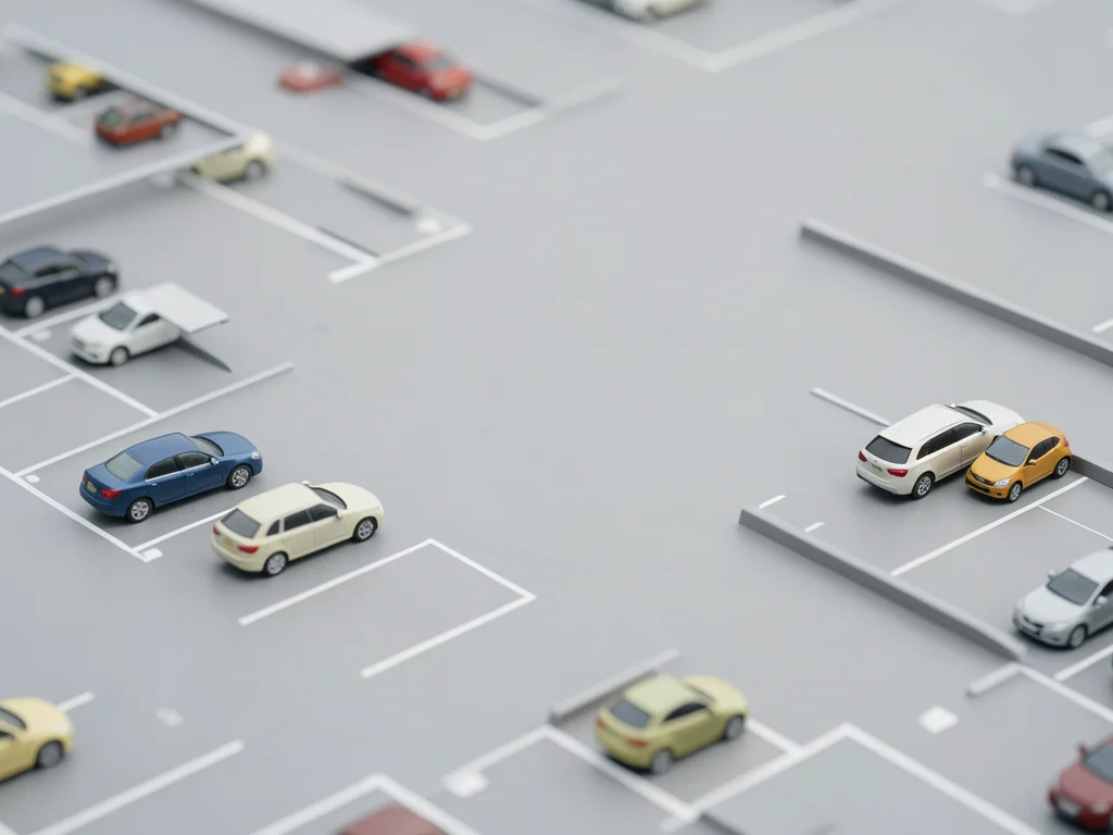 Parking lot from roof, tilt-shift, die-cast cars in painted spaces