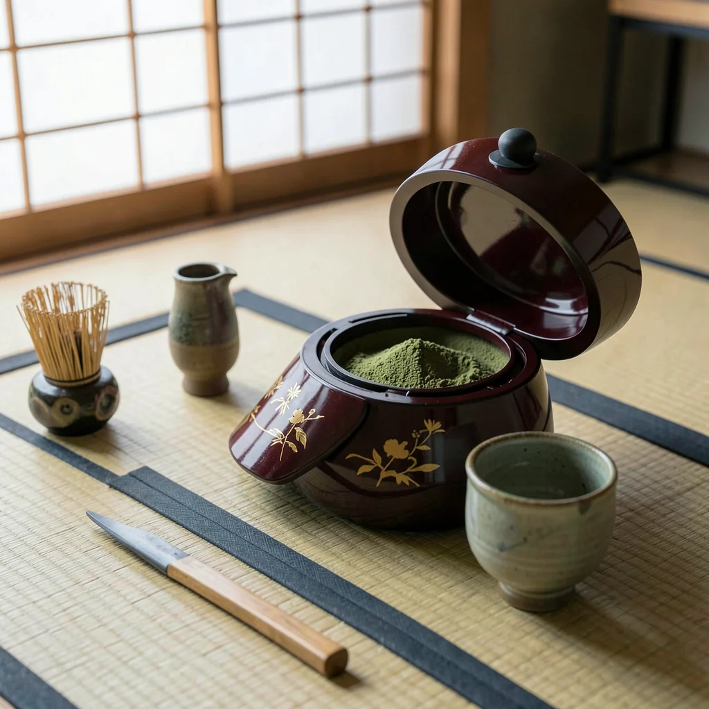 Natsume lacquer caddy with matcha powder
