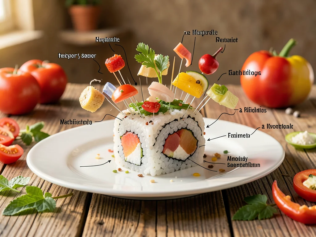 Sushi roll photo with exploded ingredient diagram, each component drawn ...