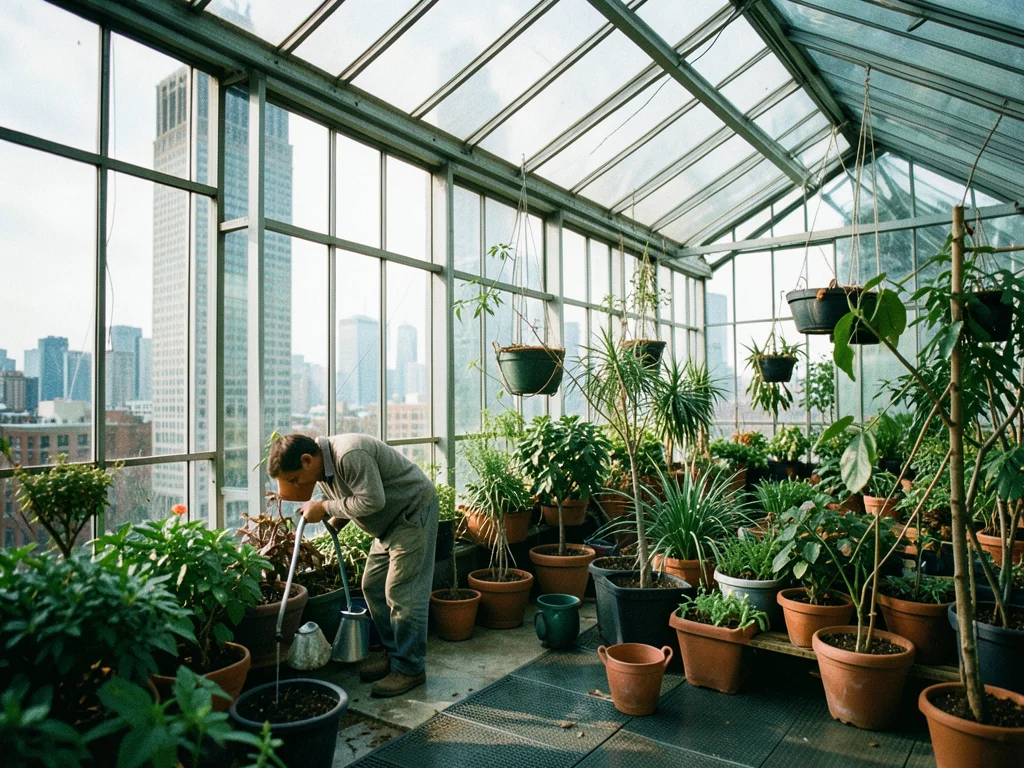 A rooftop greenhouse in a city, glass and steel, a figure watering plants, skyli