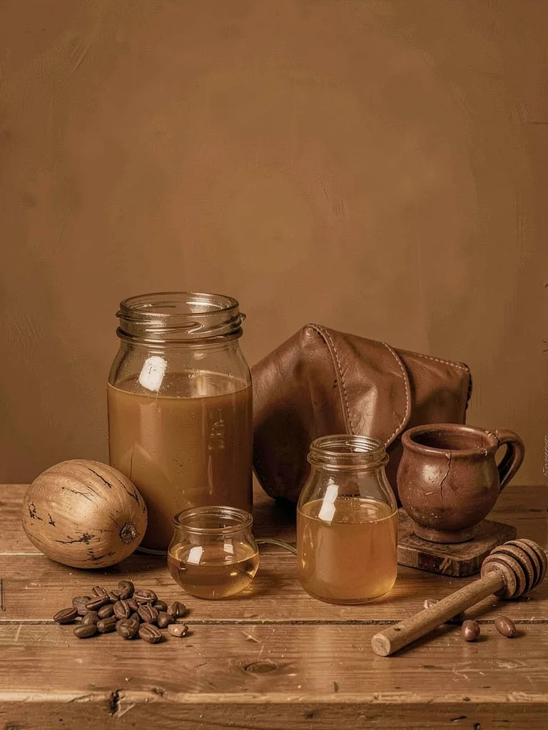 Caramel study, wooden objects, leather, honey, warm brown tonal variations