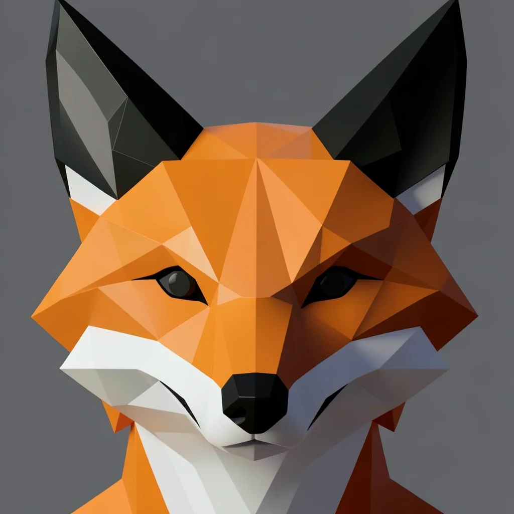 A geometric fox face close-up with its ears, snout, and forehead as sharp angula