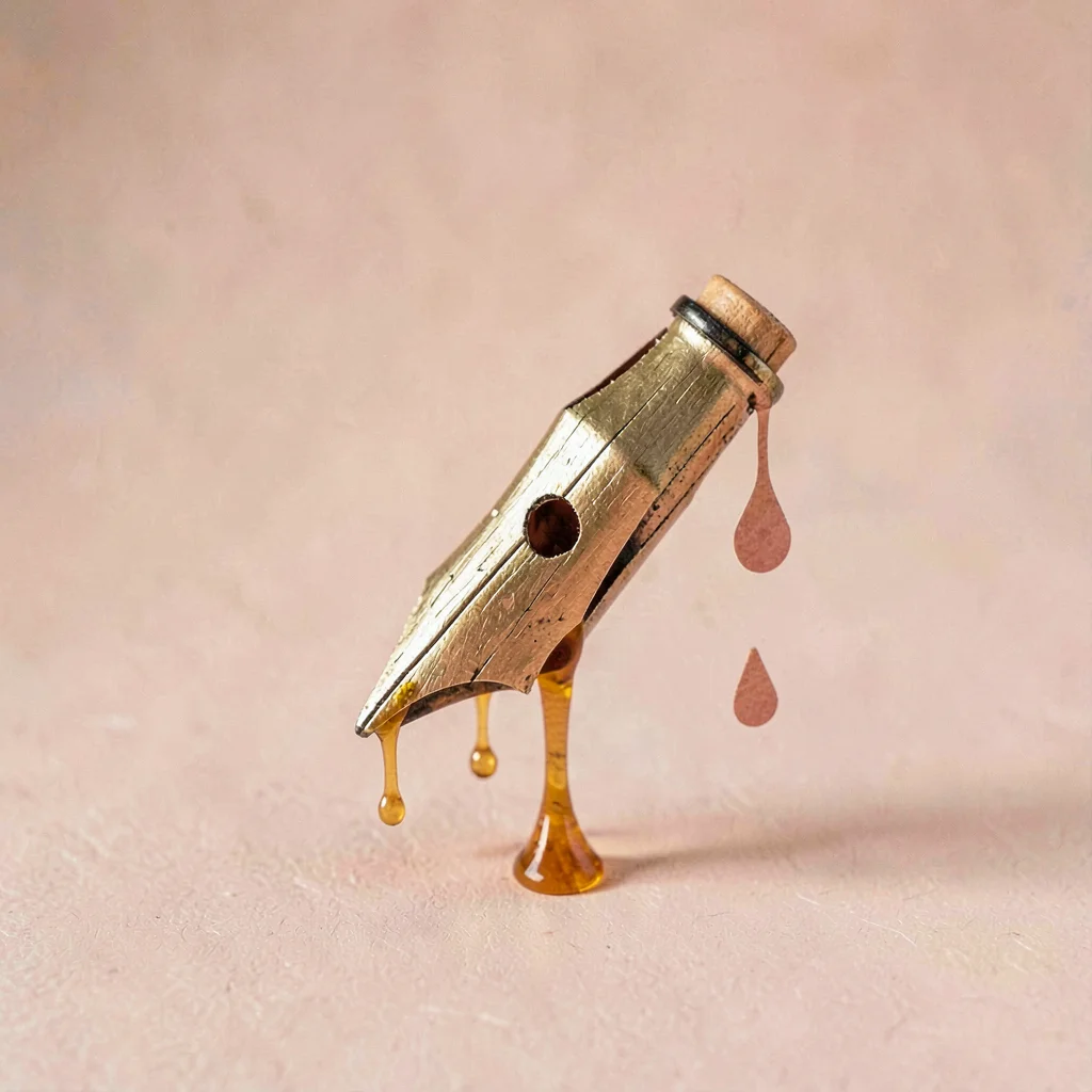 Papercraft hero of a layered paper-cut fountain pen nib with paper-cut ink dropl