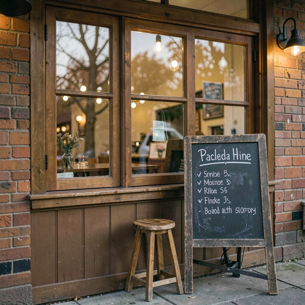 Atmospheric pickup window with a chalkboard menu and a single stool