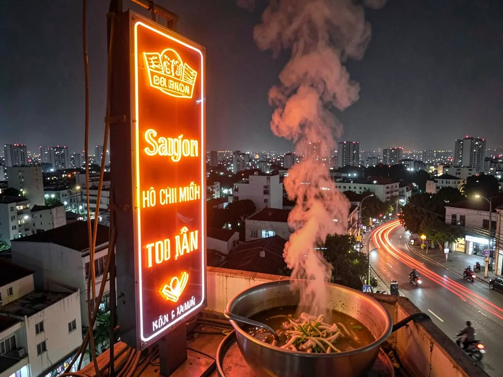 Pho steam against neon beer sign