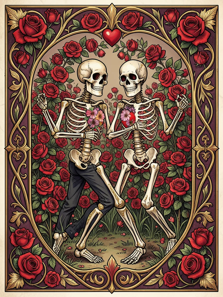 A skeleton couple dancing in a garden of red roses, the bones rendered delicatel