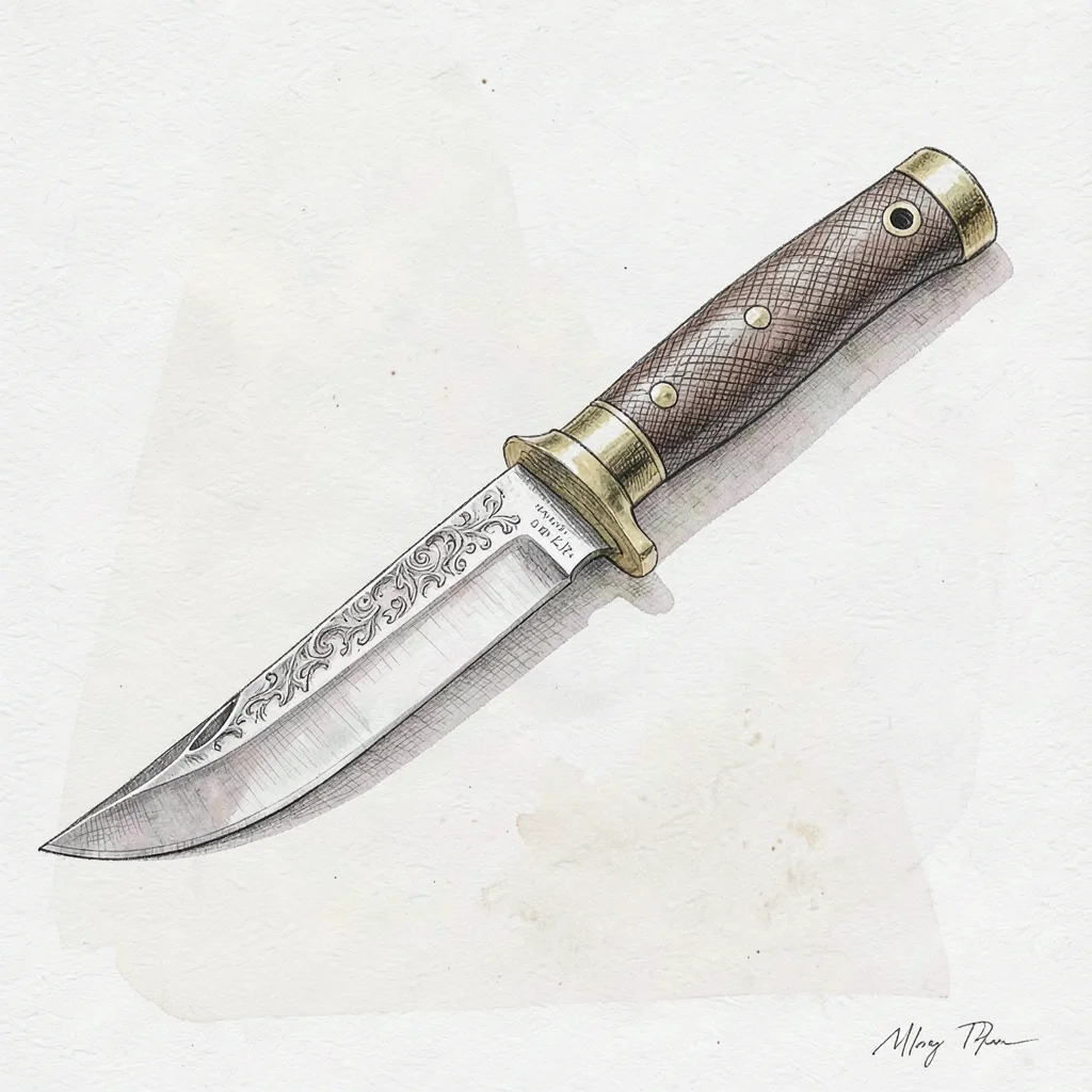 Pen-ink study of a finished knife with detailed edge and hatched handle wrap