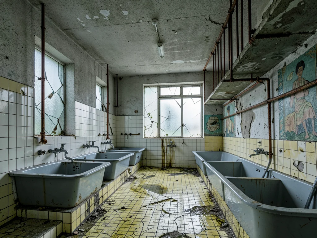 Hydrotherapy Room with Rusted Pipes and Cracked Tile