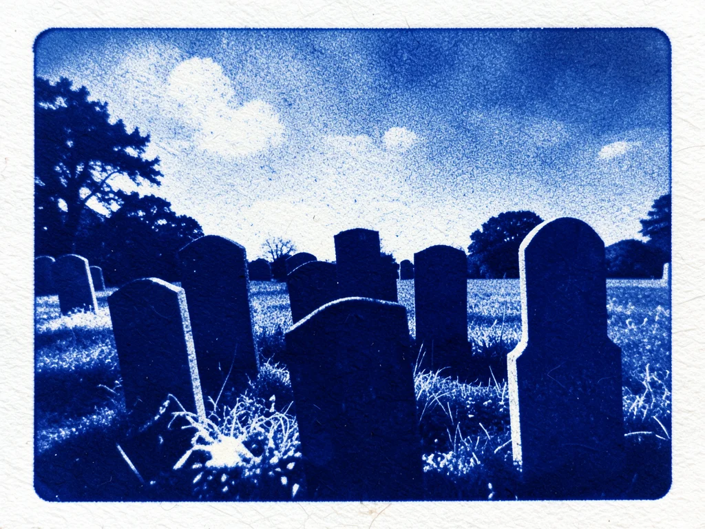 Sun-printed cemetery scene, headstone silhouettes in deep blue