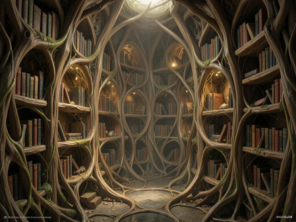 Library where the shelves are grown from living wood, books nestled in organic a