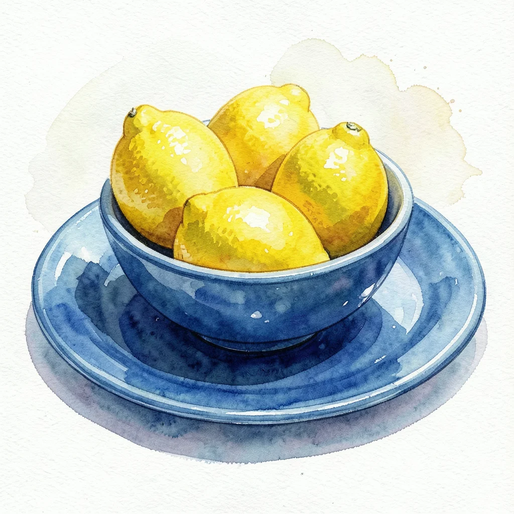 A bowl of lemons on a blue ceramic plate, the yellow cadmium washes layered to s