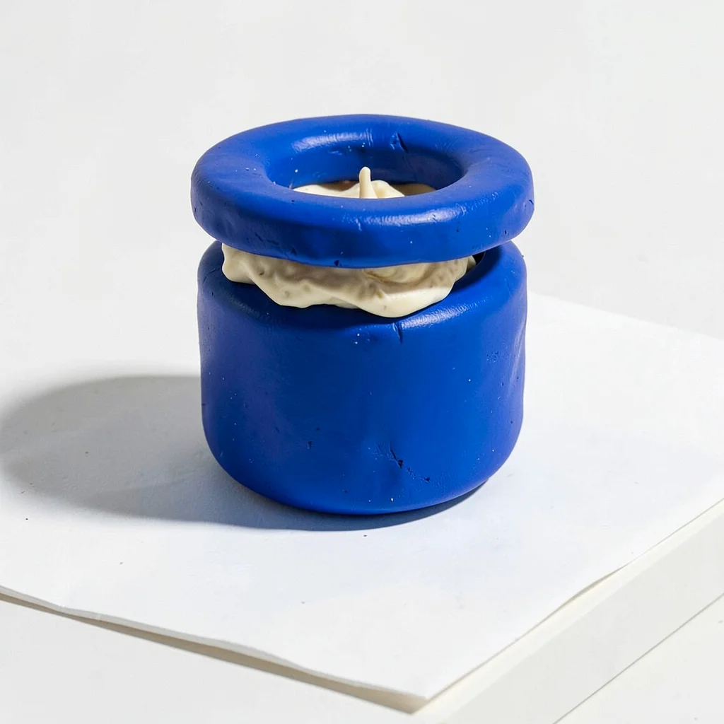 Thick chunky clay candle jar in cobalt with stubby cream-toned wax pool and over