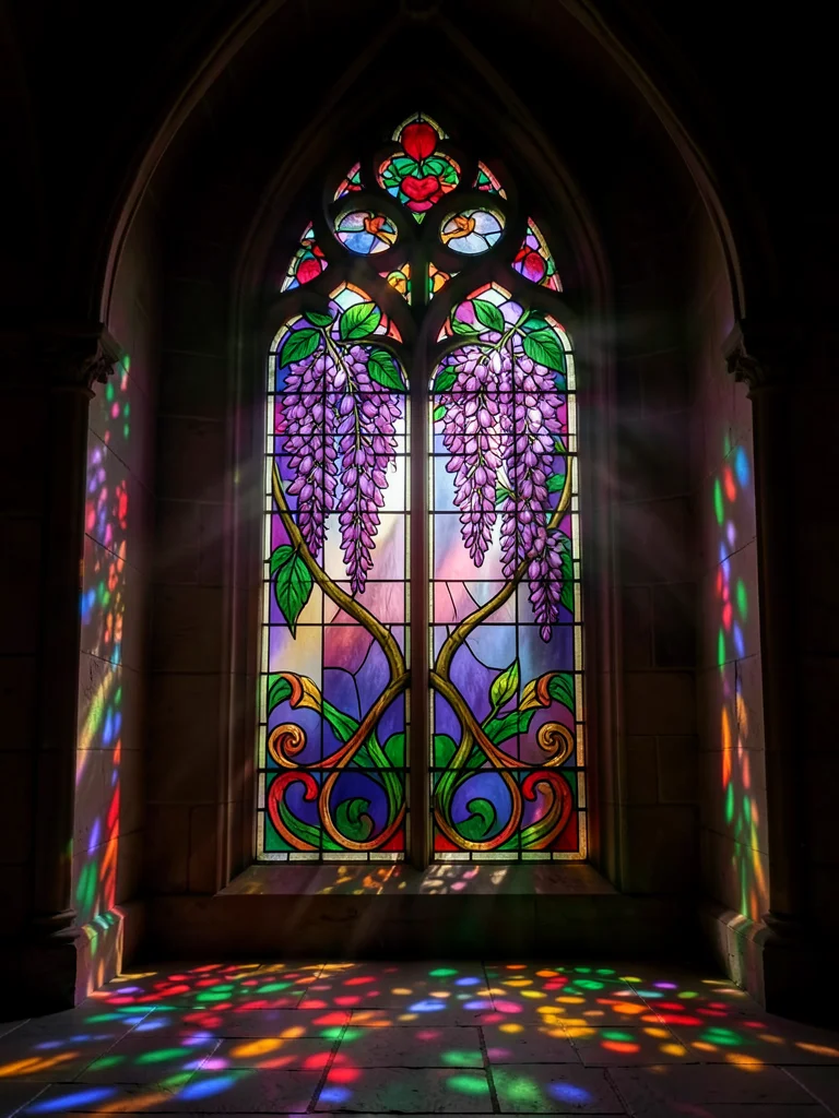 An Art Nouveau stained glass panel of wisteria, light filtering through the purp