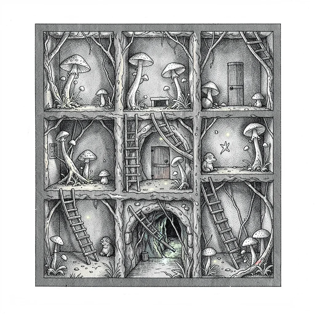 A fictional underground gnome warren cross-section with chamber rooms connected 
