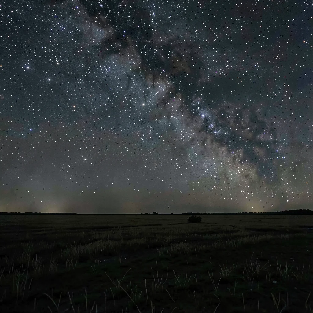 Vast horizontal landscape, extreme width composition, Night sky with Milky Way a