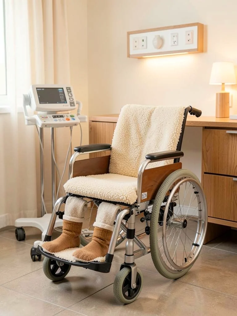 Wheelchair with sheepskin seat cover, warm socks on footrests, hygge mobility de