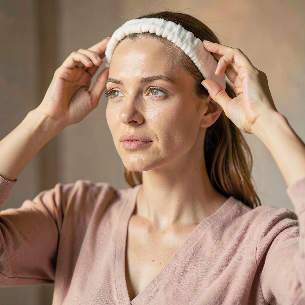 Sigrid-lampline three-quarter portrait of a model adjusting a cotton headband, s