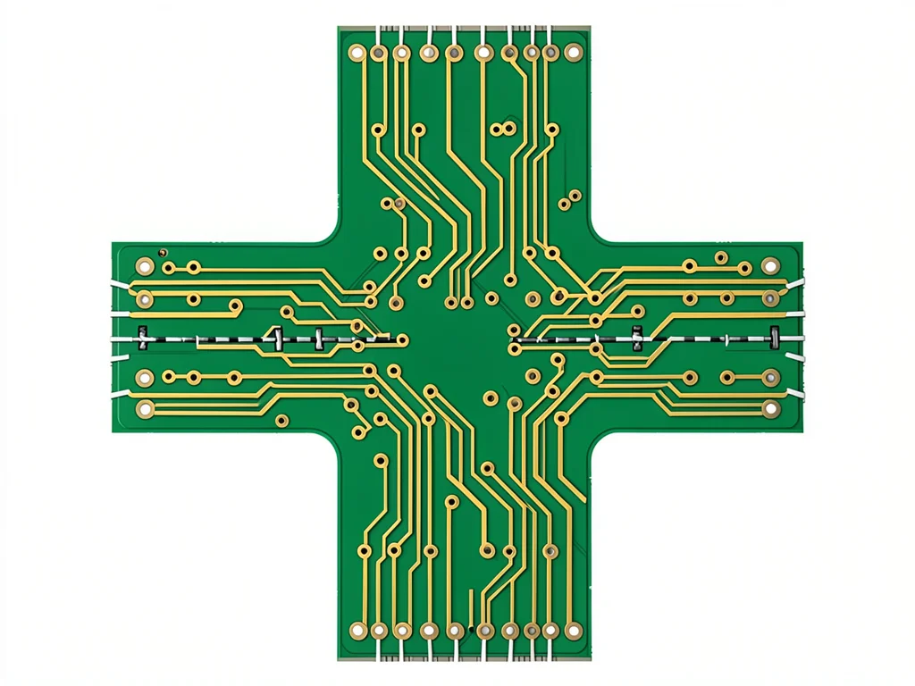 A stitched cross-section view showing multiple PCB layers with traces on each la