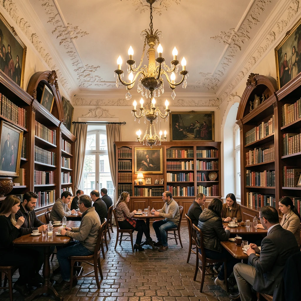 Habsburg café warmth surviving in Lviv, Ukraine, university library reading room