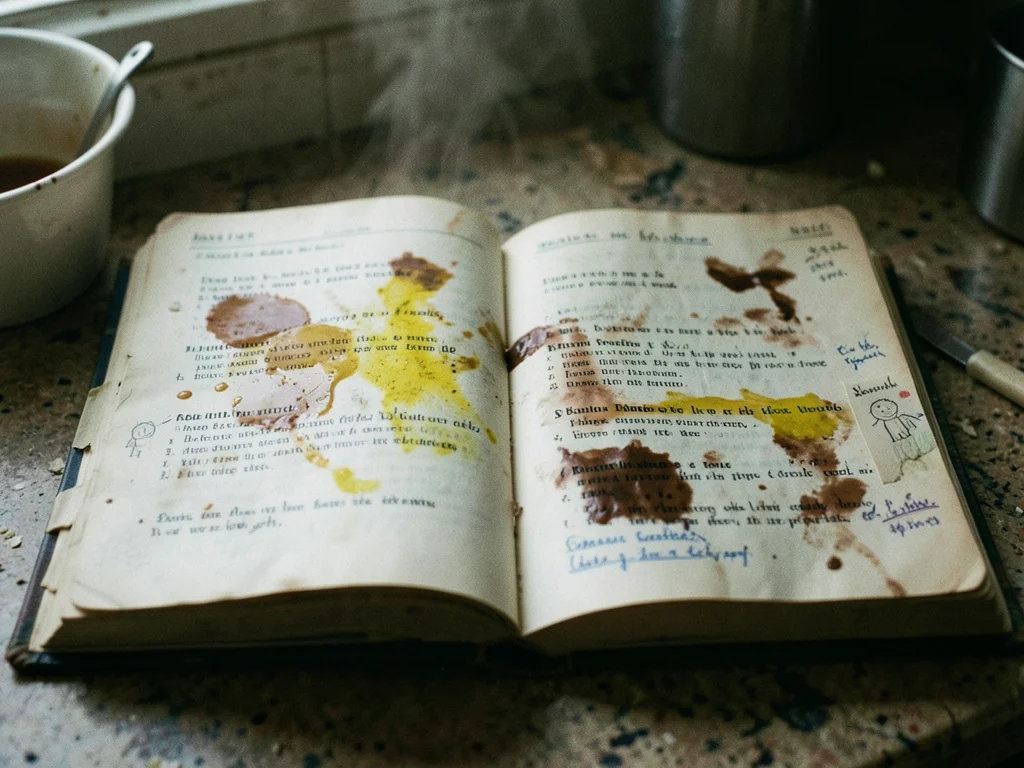 A well-loved cookbook open on a kitchen counter, the spine cracked and taped, th
