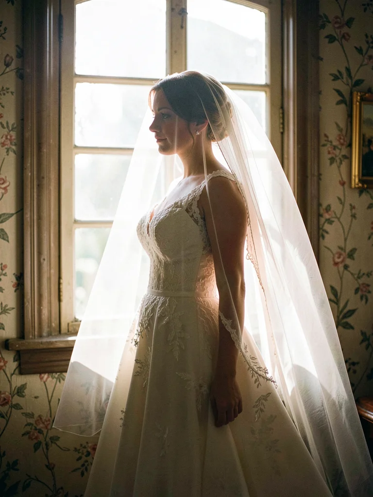 Bride in window light veil glowing