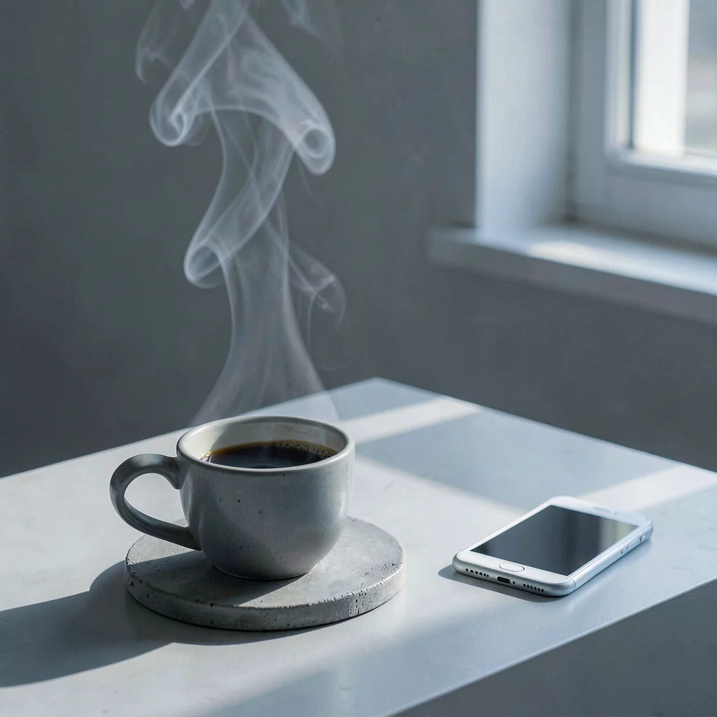 Stark Baltic minimalism, contemplative mood, Coffee cup on concrete coaster, ste