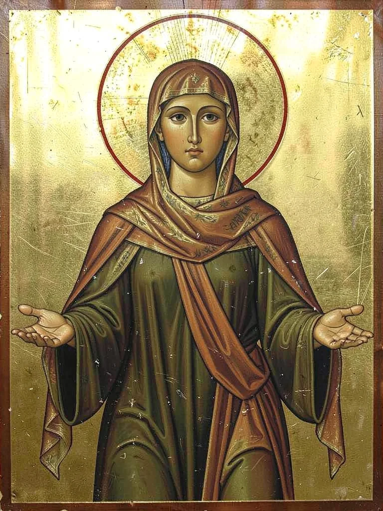 Nurse figure in full frontal pose, hands extended in offering gesture, gold grou
