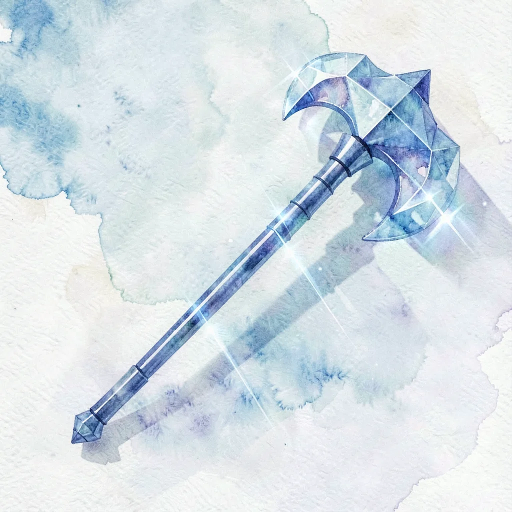 Glassy sapphire lowpoly halberd with a faceted axe head and slim blue shaft thro