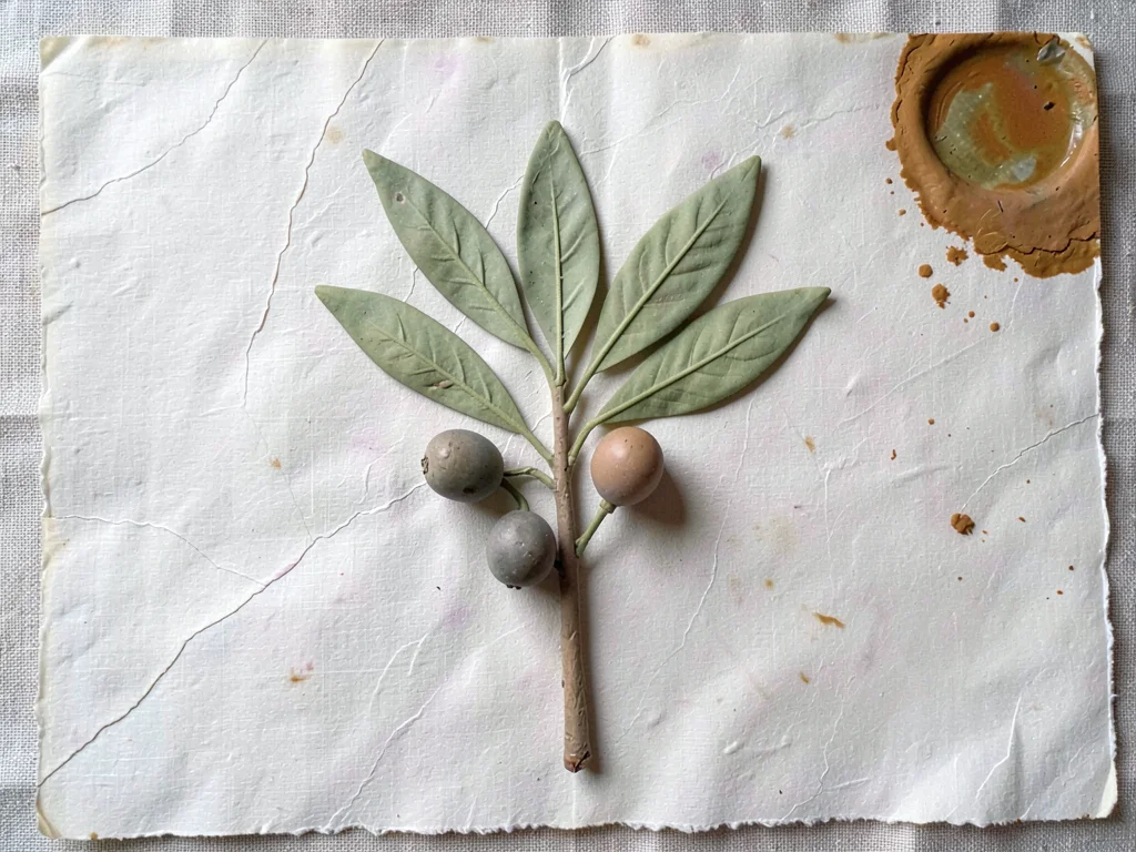 Olive branch with pressed leaves and three small fruits clustered at the termina