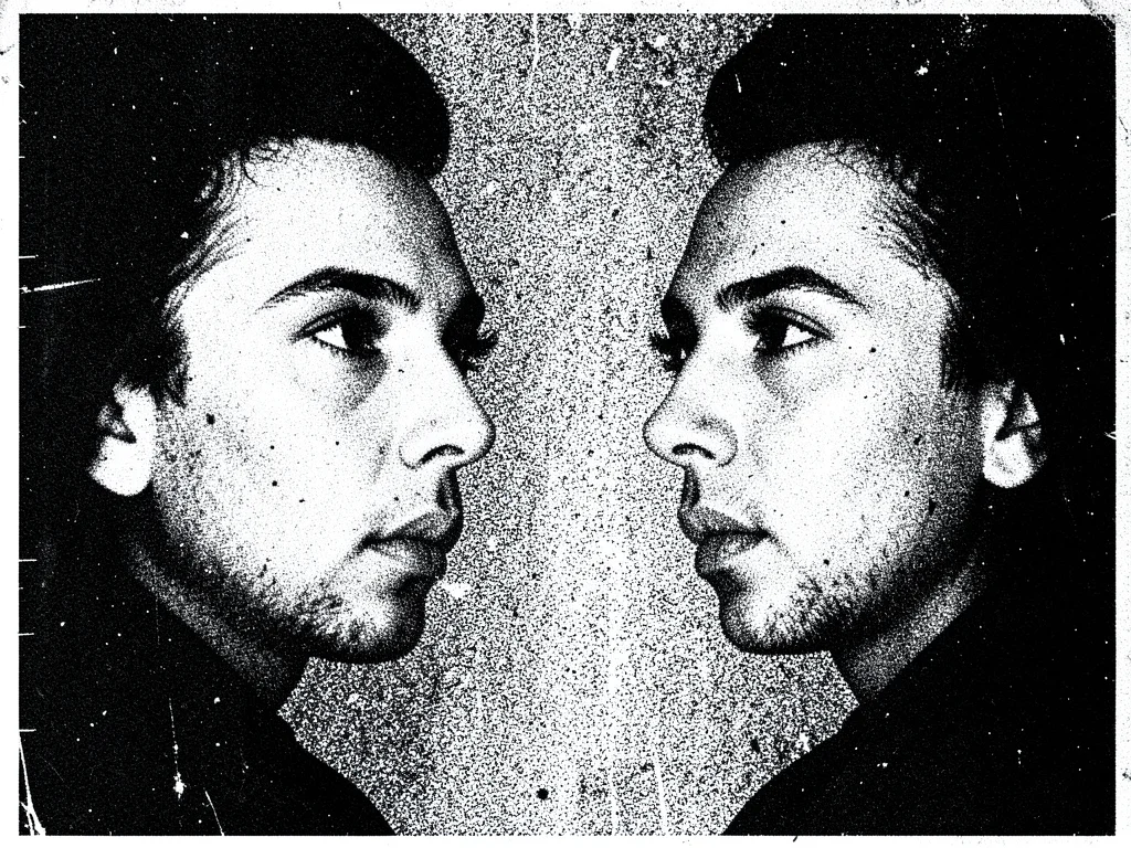 Two mirrored faces in profile with the space between them filled with static and