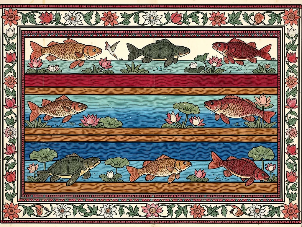 River scene — fish, turtles, lotuses, and water birds in layered horizontal regi