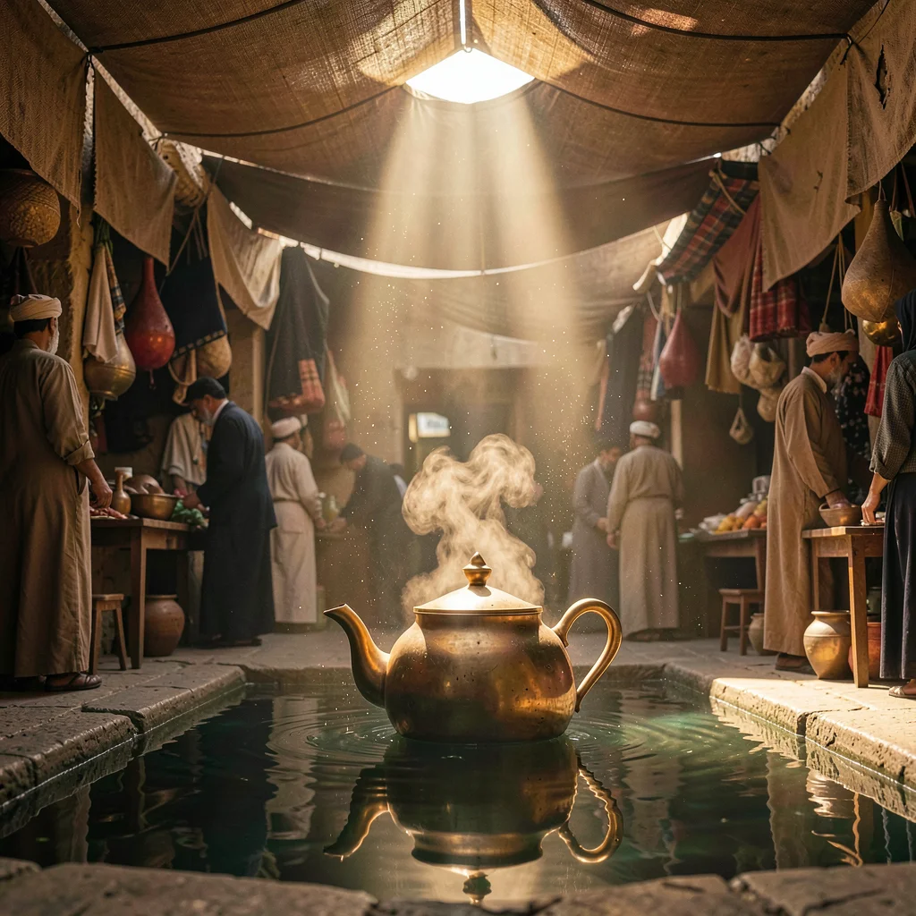 Brass teapot in pool of light from overhead opening, steam catching the beam