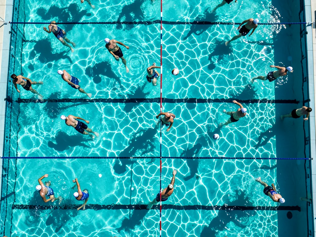 A water polo match from above, players scattered across the pool, the ball mid-f