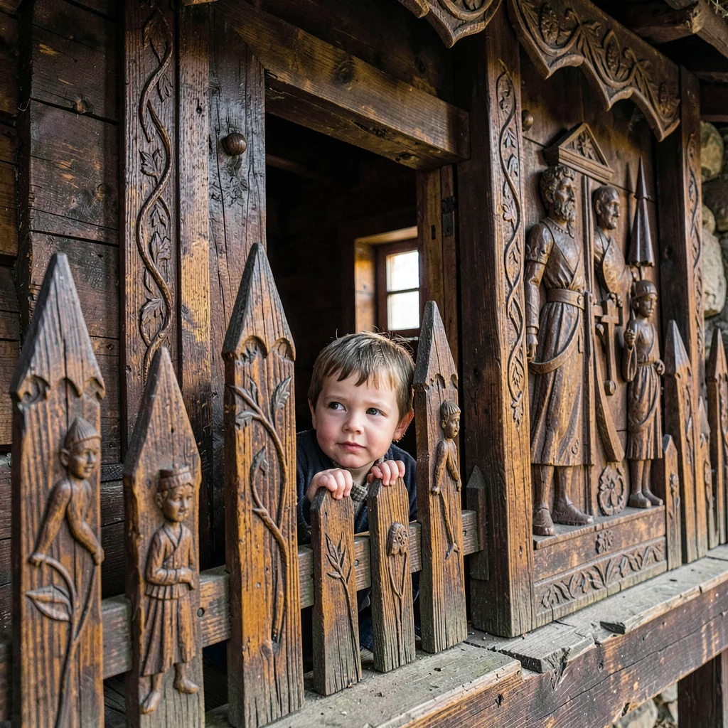 Maramures wooden craft, hand-carved church detail, A child peeking through a car