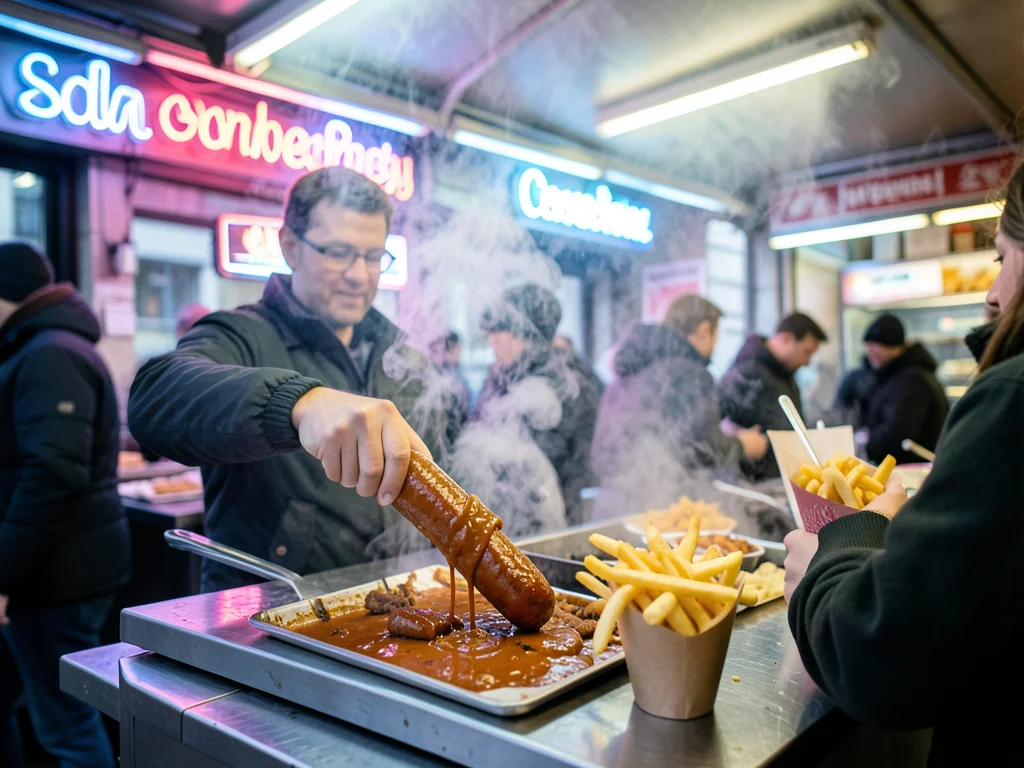 A currywurst stand in Berlin, the sausage being sliced and doused in curry ketch