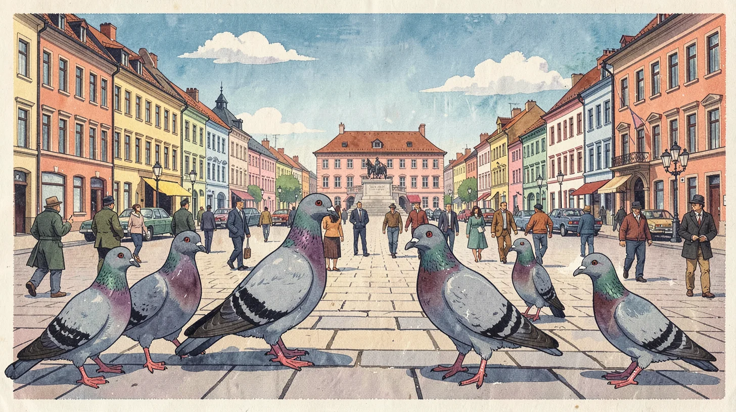 Gouache illustration, pigeons on city square , opaque matte pigment, flat color 
