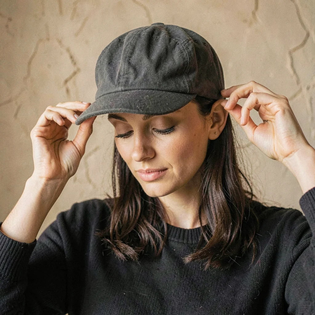 Editorial portrait of a model adjusting a charcoal cap, eyes downcast, soft warm