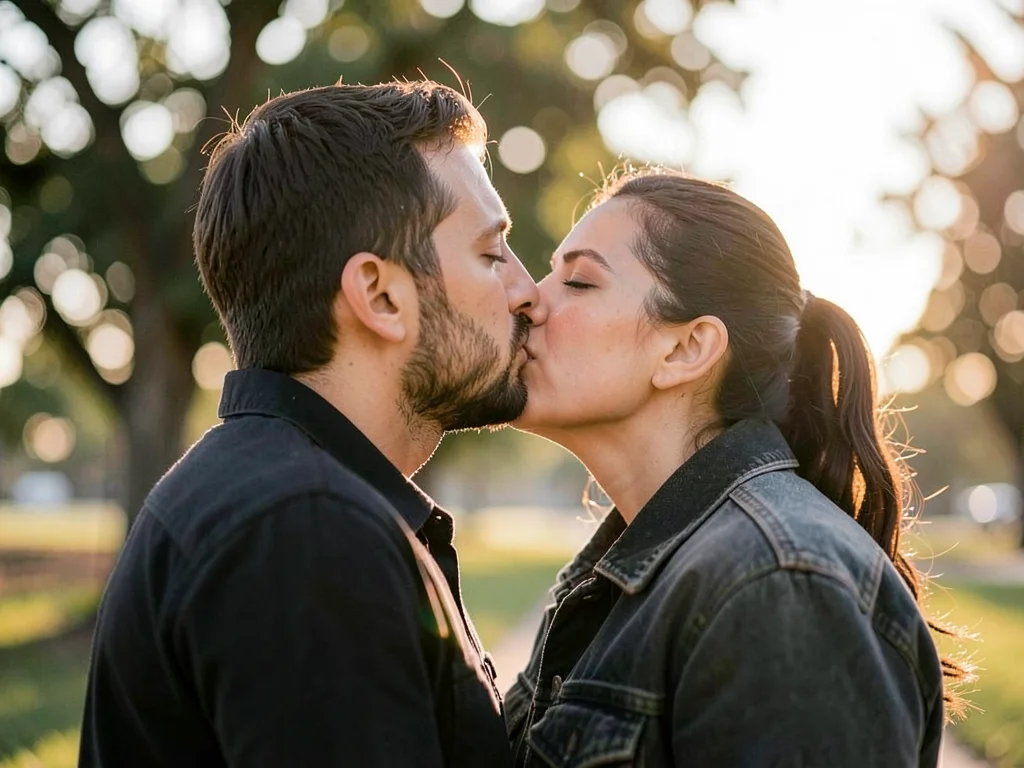 Kiss from approach to contact to departure in single frame, love as trajectory