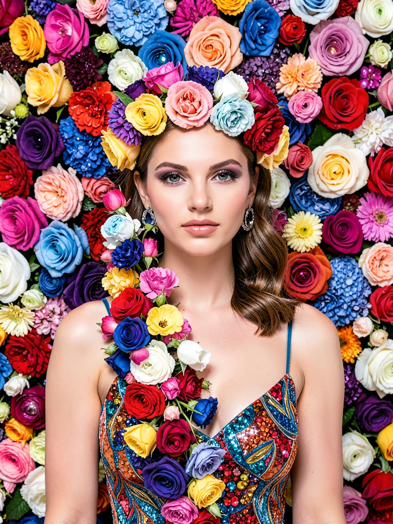 A flower crown on a model, cascading blooms to the shoulders, floral backdrop be
