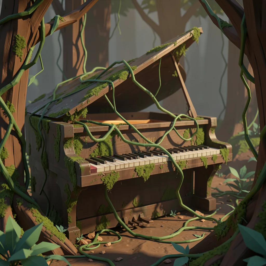 Forgotten upright piano covered in moss in a sunken forest grove with green vine