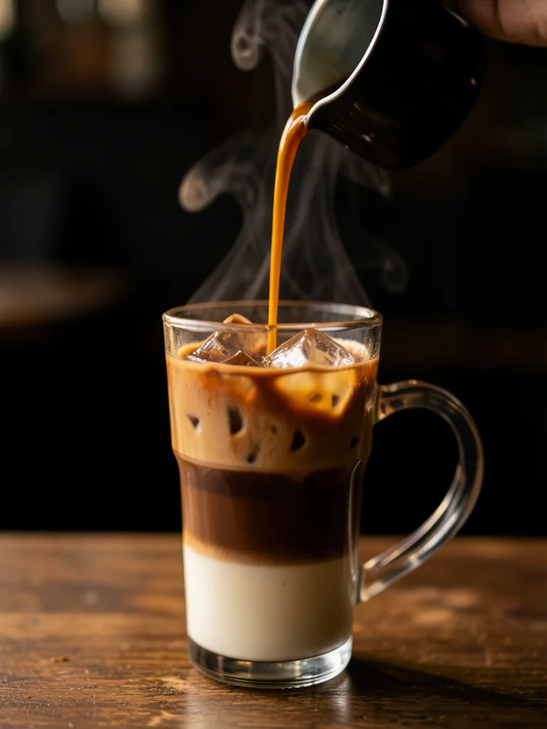 An iced coffee being built in layers: milk at bottom, espresso pouring through i