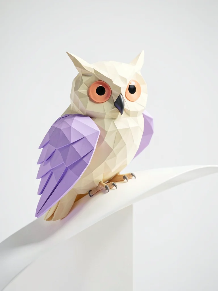 Perched cream lowpoly owl with chunky lavender wing facets and big peach eye dis