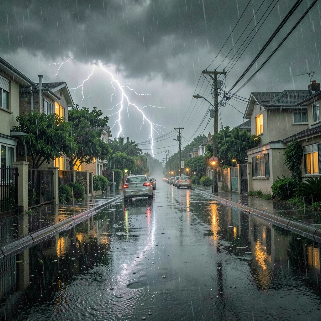 Monsoon season photograph, heavy rain atmosphere, Lightning reflected in the wet