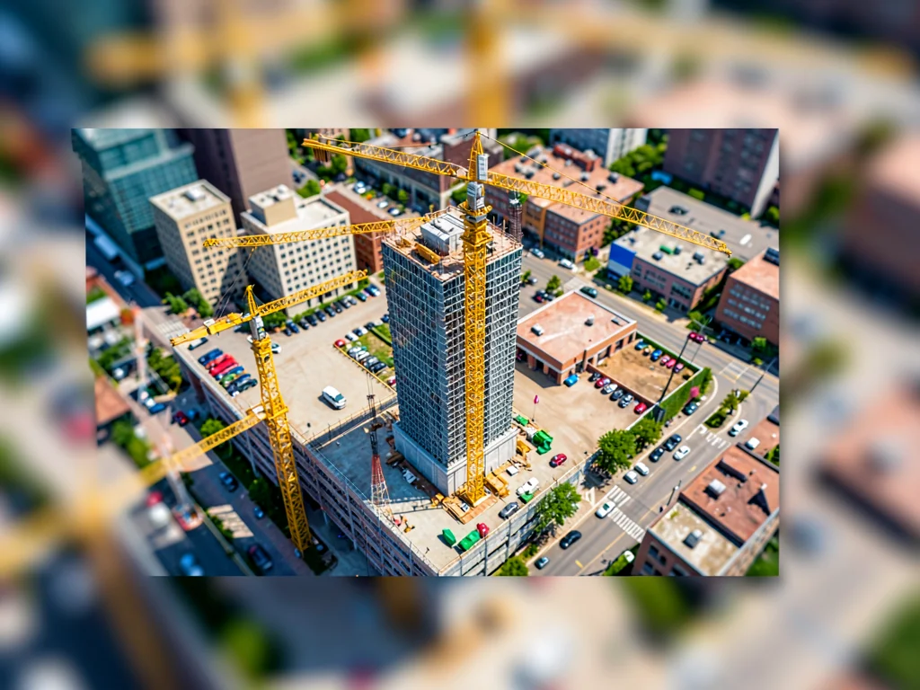 High atop a parking deck, tilt-shift photograph of a city block under constructi