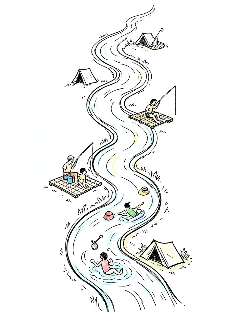 A winding river drawn from top to bottom with different activities at each bend: