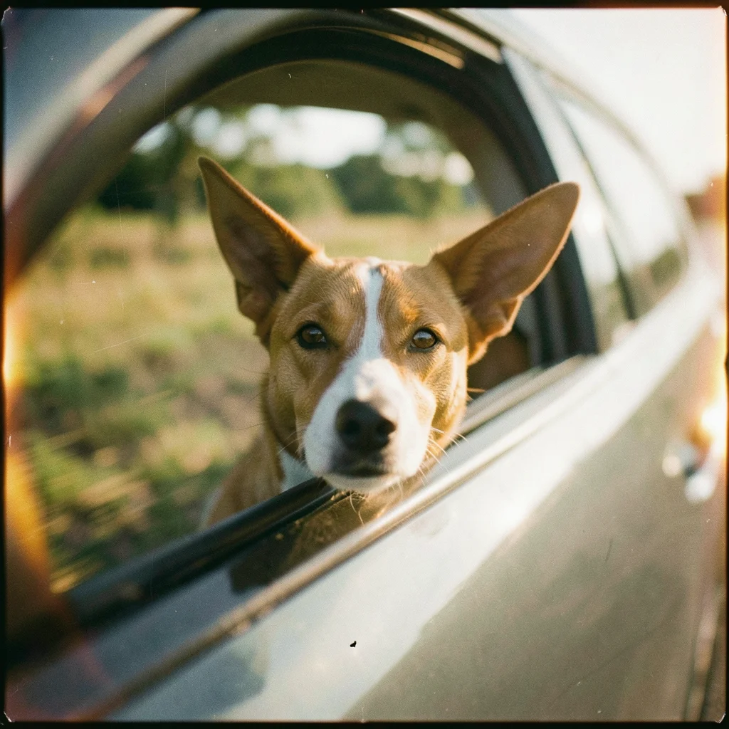 A dog sticking its head out of a car window, ears flapping, motion blur on the p